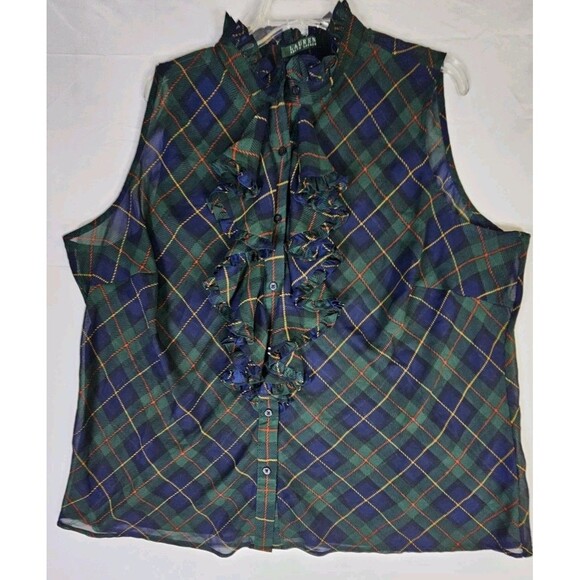 Lauren Ralph Lauren Tops - LAUREN RALPH LAUREN Shirt Women's 3X Green Tartan Plaid Ruffle Sheer Button LRL